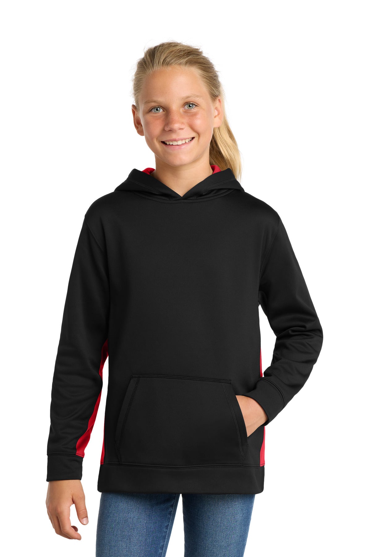 Sport-Tek ®  Youth Sport-Wick ®  Fleece Colorblock Hooded Pullover.  YST235